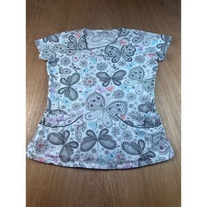 UA Scrubs Womens Medical Scrub Top Sm/Med Butterfly Paisley Print V-Neck Pockets